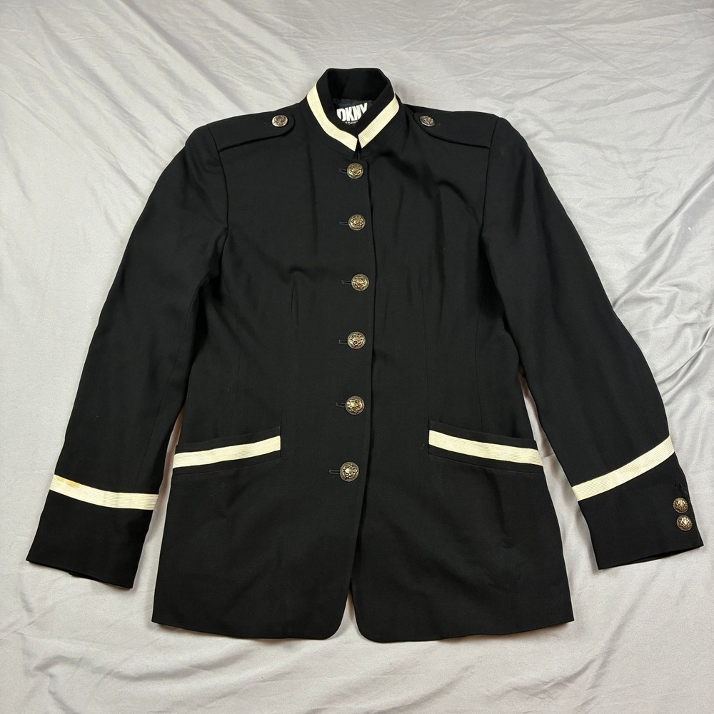 DKNY Blazer VTG Military Style Jacket Womens 6 Black Wool Brass Button VTG